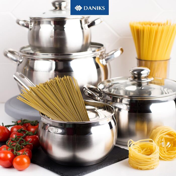 Набір каструль Daniks Classic 12 шт. з нержавіючої сталі для індукційних плит, 16/18/20/24 см, з кришками з термостійкого скла, каструля з ручкою, сковорода 24 см, каструля для пасти, супу, нудлів, сріблястий