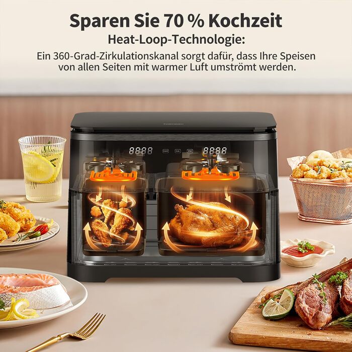 Фритюрниця без олії з підсвічуванням та нагадуванням про струшування, антипригарне покриття, 30-200°C, 78 рецептів, 8-в-1, тиха фритюрниця (11 л)