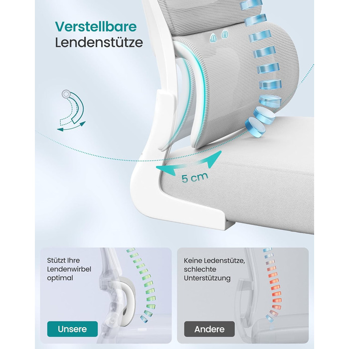 Офісне крісло SONGMICS з ергономічною спинкою з сітки, з регульованою підголівником та поперековою підтримкою, для дому та офісу, сірого кольору (OBN041G01)