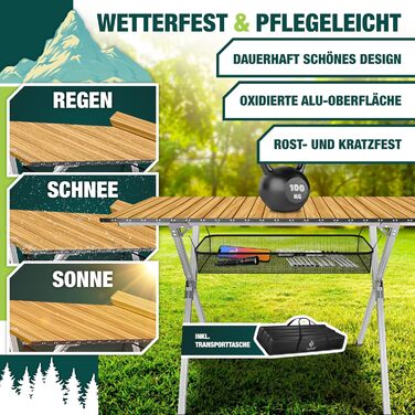 Кемпінговий стіл KESSER® розкладний, з алюмінієвим каркасом, регулювання висоти, 90x53 см, до 100 кг, з сумкою та сітчастою кишенею, (145x70 см, імітація дерева)