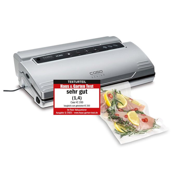 Вакууматор CASO VC200 для продуктів харчування з подвійним швом, вбудованим різаком та набором рулонів