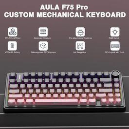 Механічна клавіатура AULA F75 PRO для геймінгу: 2.4GHz/Type-C/BT5.0, Hot-Swap, бездротова, 75%, QWERTY (сірий/чорний рожевий)