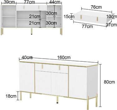 Сервант, 4 дверцята, 1 ящик, регульовані полиці, білий, МДФ, 40x60x80 см