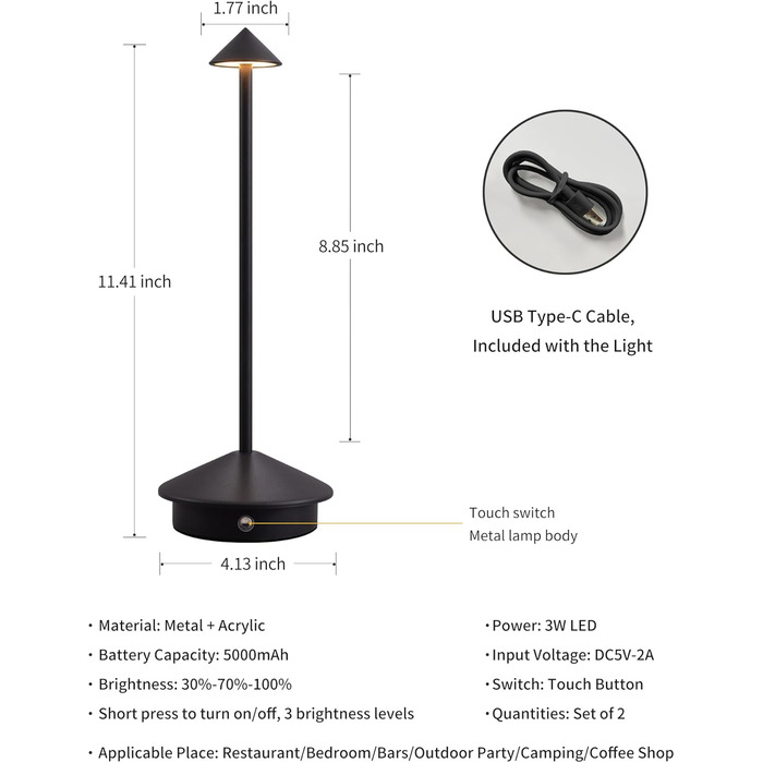 Mini LED-лампа настільна бездротова, акумуляторна, 4000 mAh, регулювання яскравості, для спальні, кухні, кафе, кемпінгу, чорна, 2 шт.