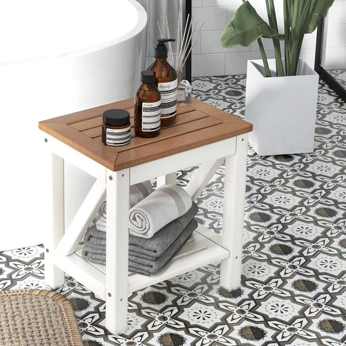 Двоярусна душова лавка GOPLUS з місцем для зберігання, душовий стілець для ванної кімнати, білий та коричневий (43 x 32 x 47 см)