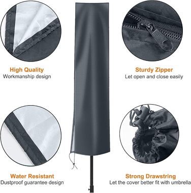 Чохол для парасольки OKPOW 3м, 600D, водонепроникний, з блискавкою, захист від УФ, вітру та снігу (153x30/30 см, темно-сірий)
