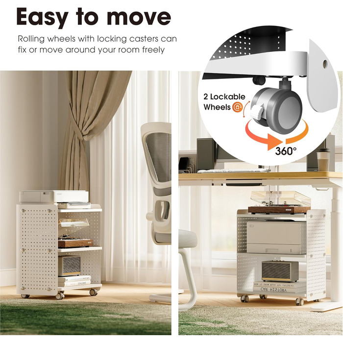 Стіл для принтера Fenge на колесах з органайзером, 3 яруси, білий (45.3x33.5x53.5 см)