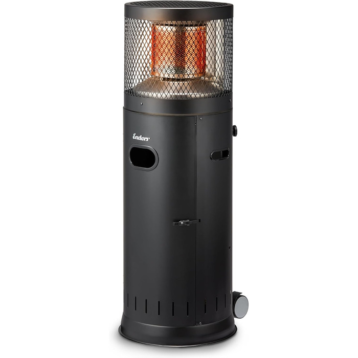 Газовий терасної обігрівач Enders Polo Black 2.0 з регулюванням 3-6 кВт, нержавіюча сталь, ENDUR Reflexionssystem, транспортні колеса, захист від перекидання, чорний