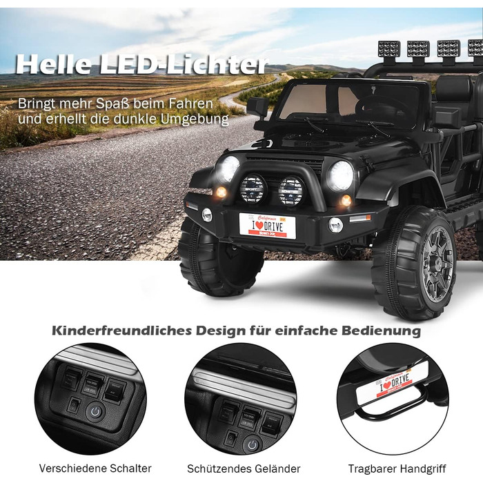 Дитячий електромобіль COSTWAY на 2 місця, 12V, з пультом, MP3, музикою, сигналом і фарами, для дітей від 3 років, чорний