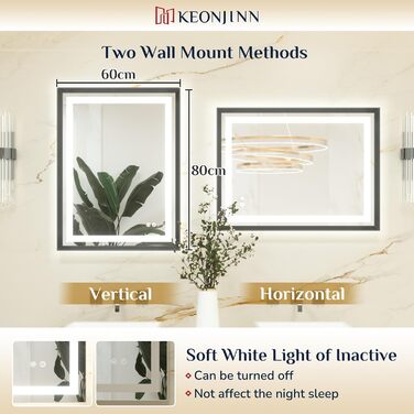 Дзеркало для ванної кімнати Keonjinn з підсвічуванням, металевий каркас 50x70 см, антизапар, LED, сенсорне управління, 3 кольори, регулювання яскравості, функція пам'яті, настінне дзеркало (Чорний, 80x60 см)