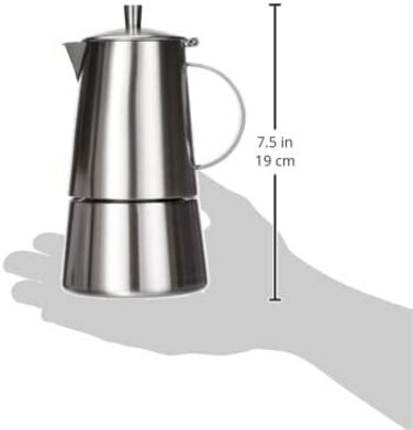 Кавоварка Cilio MODENA, нержавіюча сталь, підходить для всіх типів плит, Ø 8.5 см, Можна мити в посудомийній машині, Каструля мокко, Кавоварка на 4 чашки, Кемпінгова кавоварка