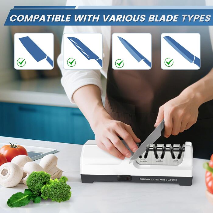 Електричний точило для ножів MusyVocay з алмазним покриттям, професійне 3-ступеневе, кухонне, для грубого шліфування та ремонту