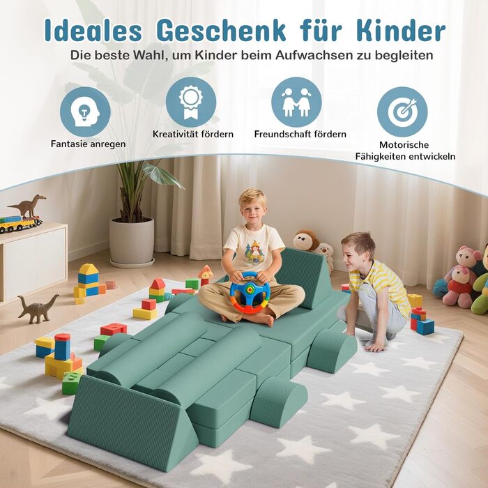 Дитяче ігрове диван-конструктор MAMIZO Cord, 15 частин, екологічний, зелений колір