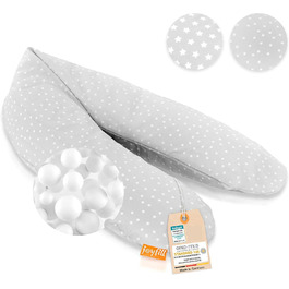 Подушка для годування Joyfill® Premium Stillkissen з мікроперлин, 170 см - ідеальна для сну та годування. Зручна та тиха завдяки наповнювачу з мікроперлин. Бічна подушка для годування, 100% Made in Germany. Сірий колір, в горошок.