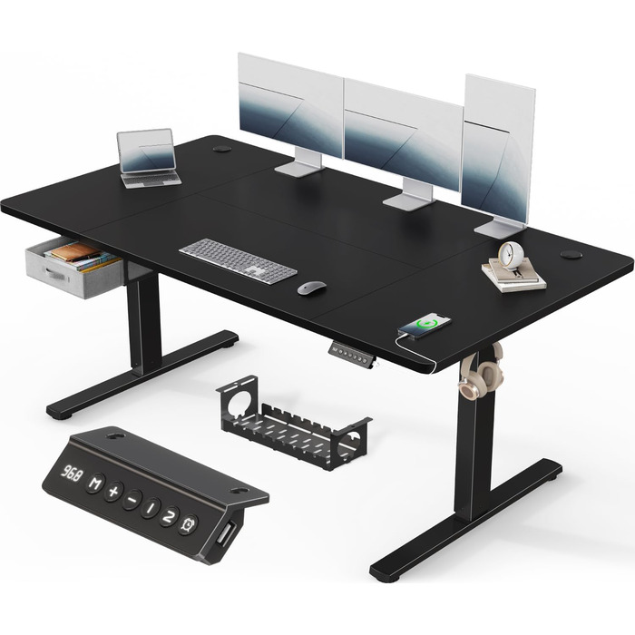 Регульований стіл Devoko 160x80 см з висувними ящиками, USB-порт, органайзер для кабелів, стіл для комп'ютера з 3-ма режимами пам'яті, білий (чорний)