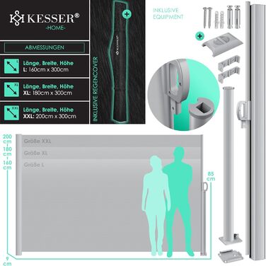 KESSER® алюмінієва висувна бічна маркіза для тераси та балкона, захист від вітру і сторонніх поглядів, автоматичне згортання, з чохлом від дощу, 300x160 см, сіра