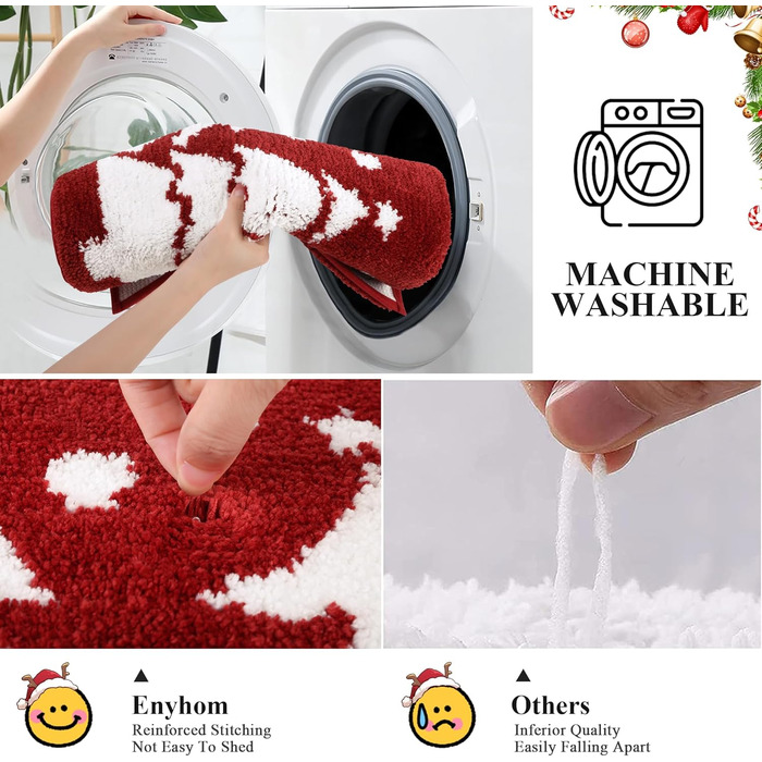 Набір килимків для ванної кімнати на Новий Рік: 3 шт. (червоний, з малюнком ялинки) - 45x65 см, 45x120 см, 50x60 см, нековзкі, водопоглинаючі, для туалету та душу