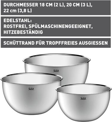 Набір кухонних мисок Silit 3 шт. з нержавіючої сталі, мультифункціональні (для замішування, салатів, подачі), стікліть