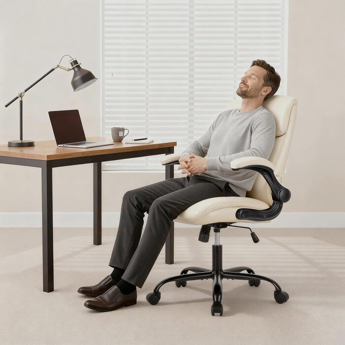 Офісний крісло Colamy: ергономічне, з високою спинкою, регульовані підлокітники, шкіряне покриття (слонова кістка)