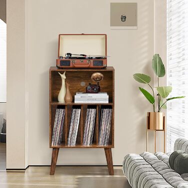 Підставка для програвача вінілу: містка на 160 платівок, стильна підставка Mid-Century, з дерев'яними ніжками, для вітальні, білий (коричневий)