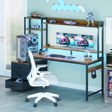 Ігровий стіл Coleshome з полицями та ящиками, 137x48 см. Стіл для геймінгу з LED-підсвічуванням та розеткою, комп'ютерний стіл з місцями для зберігання та підставкою для монітора (Коричневий)