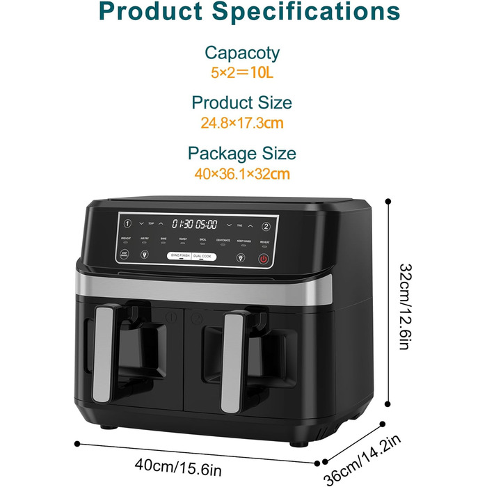 Подвійна фритюрниця без олії з 2 камерами, 10л, 8-в-1, сенсорний екран, таймер, XXL