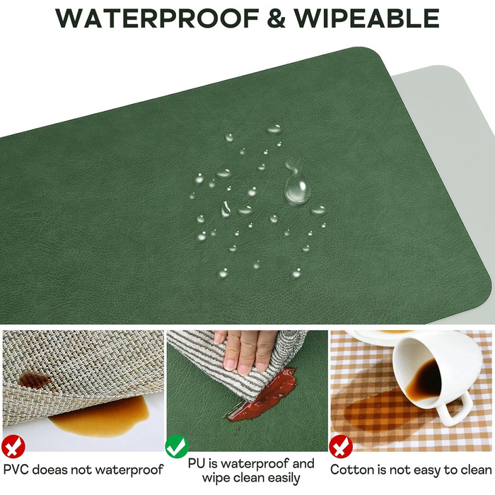 Набори підставок під тарілки з PU-шкіри, 6 шт., 40x30 см, водонепроникні, стійкі до високих температур, для дому, на кухню, на пікнік, зелено-сірі