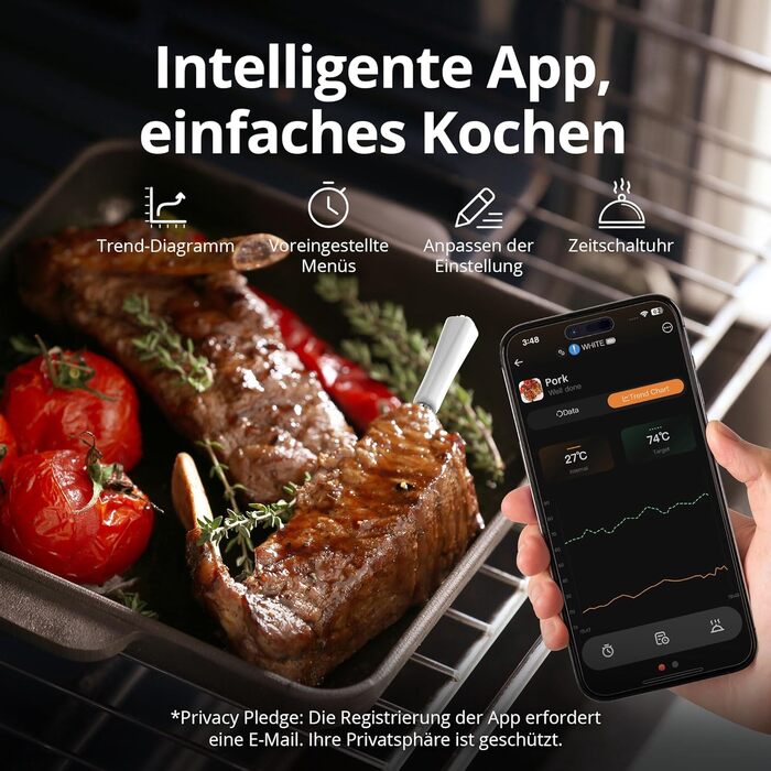 Бездротовий термометр для м'яса з 2 зондами, Bluetooth 5.4, Wi-Fi, LED-дисплей, для приготування BBQ та кулінарії