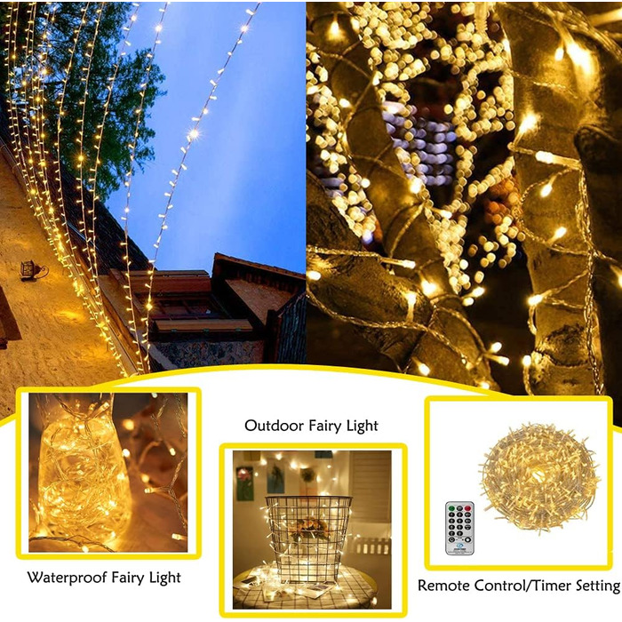 Гірлянда святкова 100м, вологостійка, для дому та саду, з пультом, 8 режимів, тепле світло (біла)