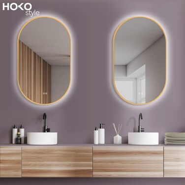 Дзеркало для ванної кімнати HOKO Design LED Turin овальне 45x75 см, рамка матовий чорний, LED підсвітка, сенсорне управління, зміна кольору світла (тепле/холодне/нейтральне), монтаж HOCH+QUER, антизапарник