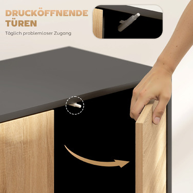 Тумба під ТВ з механізмом Push-to-Open, шафа для їдальні з металевими ніжками, кухонна шафа, МДФ, Чорний + Натуральне дерево