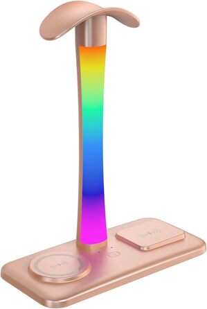 Підставка для навушників з бездротовим зарядним пристроєм, RGB-підсвічування, сумісна з AirPods Max, iPhone, Samsung, ідеальний подарунок для геймерів (Золото)
