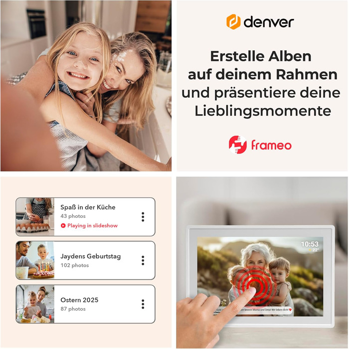 Цифровий фоторамка Denver 10,1 дюйма з Wi-Fi, сенсорним екраном, 16GB, керуванням через додаток, USB та microSD