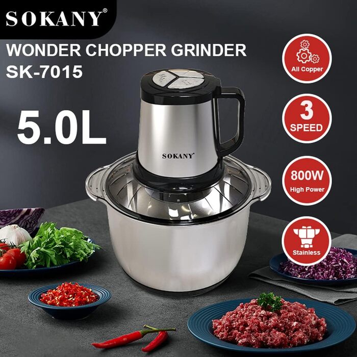 М'ясорубка-подрібнювач SOKANY SK-7015 800W електричний з чашею 3л з нержавіючої сталі, 2 швидкості, для м'яса, овочів, фруктів