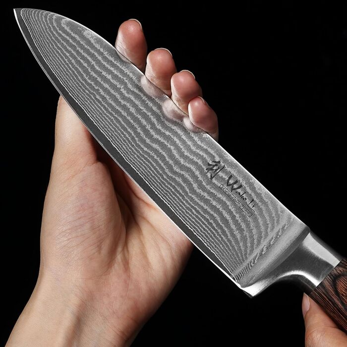 Набір кухонних ножів Wakoli EDIB з магнітним блоком | 3 ножі з дамаської сталі (8,5-17см) з VG10-сердечником, дерев'яні ручки, для овочів та м'яса