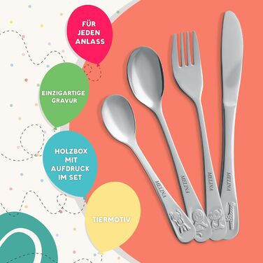 Набір дитячого столового прибору Maverton Kinderbesteck з гравіюванням + дерев'яна коробка з надруком - з тваринами - з нержавіючої сталі - коричневий - подарунок для дівчинки на день народження, хрещення, народження - різдвяні подарунки - плюшевий ведмед