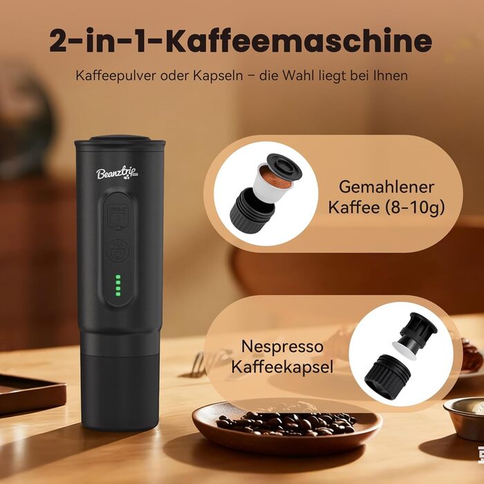 Портативна кавомашина BeanzTrip H02 PRO з акумулятором, 2-в-1: для капсул та меленої кави, 20 Bar, USB-C, для подорожей, кемпінгу, чорна