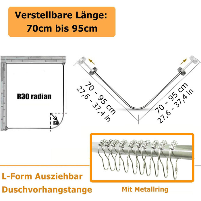 Штора для душу uyoyous L-подібна, нержавіюча сталь, регульована 70-95см, для кутів ванної кімнати