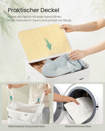 SONGMICS Кошик для білизни 95 л з кришкою, бамбук, з ручками, складний, знімний мішок для прання, для пральні, LCB060Y01 (95 л)