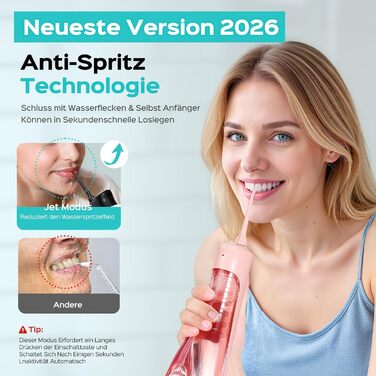 COSLUS Електрична душова насадка бездротова: 20 бар, IPX7, водонепроникна, 4 режими для гігієни порожнини рота, 5 інтенсивностей (Рожева)