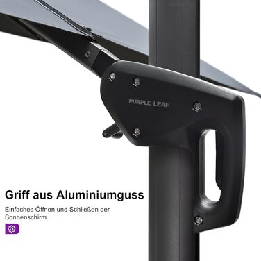 Парасолька від сонця PURPLE LEAF 350x350 см, велика садовий ампельний зонт з рукояткою, поворотом на 360° та хрестою основою для тераси та балкона, сіра