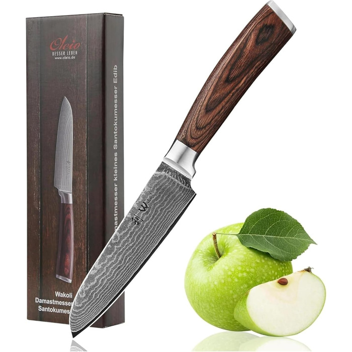 Японський ніж Wakoli EDIB Santoku з дамаської сталі (серцевина VG10), 12.5 см – гострий та зручний. Ніж Сантоку з ручкою з паккавуду в подарунковій коробці, для овочів та фруктів