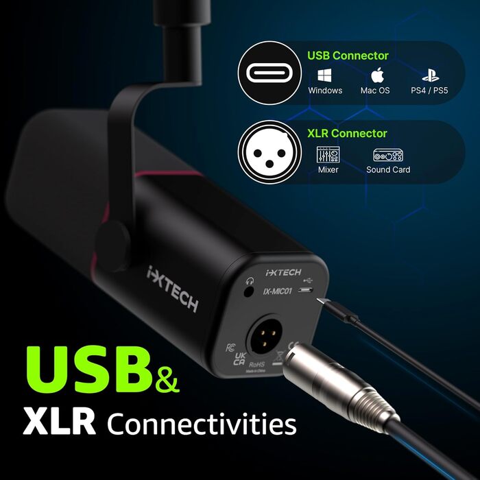 Динамічний мікрофон IXTECH з кардіоїдною діаграмою, RGB підсвічуванням, USB/XLR для студії, подкастів, стрімів, вокалу, озвучування, білий (чорний, M)