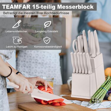 Набір кухонних ножів TEAMFAR з підставкою, 15 предметів, нержавіюча сталь, з точильним каменем, антипригарне покриття, для нарізки, подрібнення, колір хакі