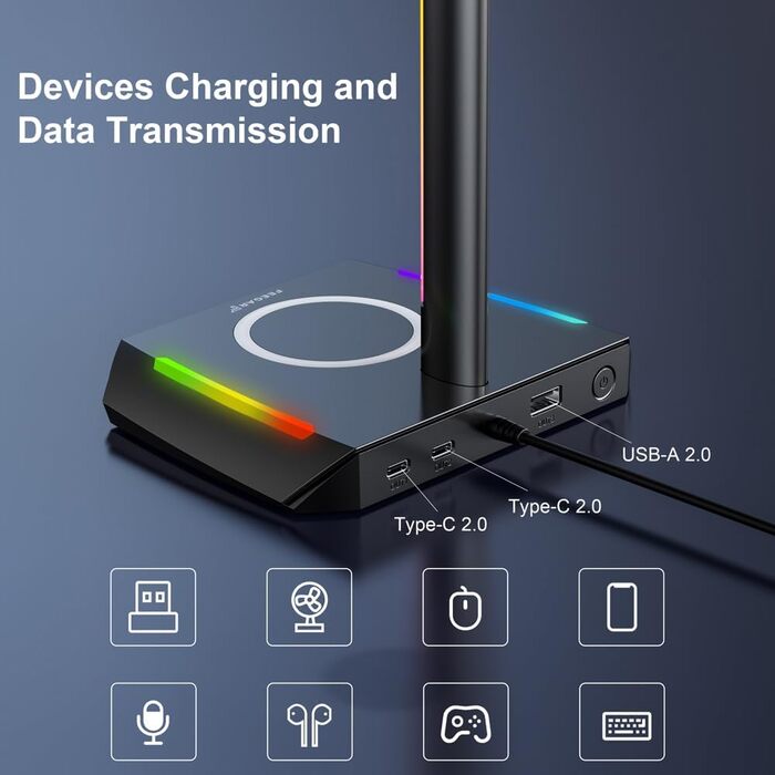 Підставка для навушників Feegar з RGB підсвічуванням та бездротовим зарядним пристроєм, для геймінгу, з USB та Type-C, 11 режимів підсвічування