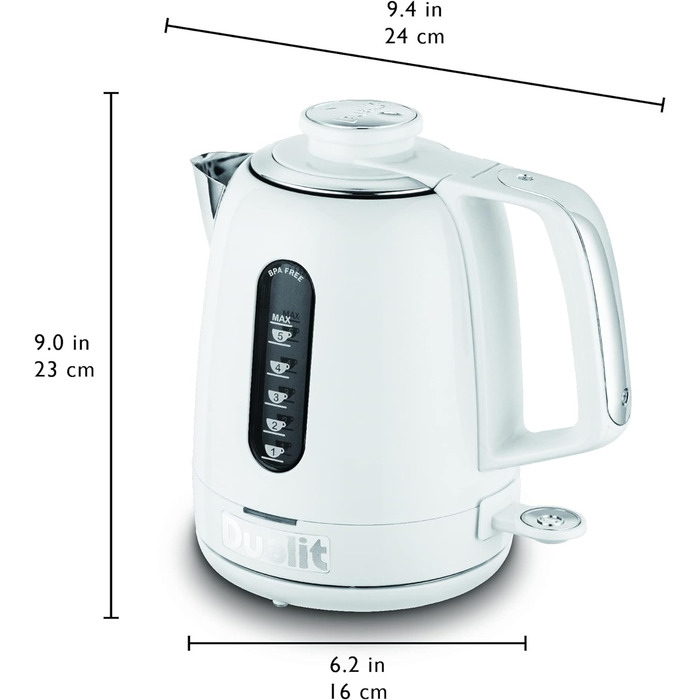 Чайник Dualit Domus білий - 1,5 л 3 кВт Чайник з нержавіючої сталі - Двосторонні скляні вікна для вимірювання - Чайник швидкого нагріву із запатентованою технологією Sure Pour - Чайник без бісфенолу А білий