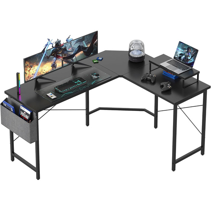 Ігровий стіл CubiCubi L-подібний, 150x120 см, з підставкою для монітора та кишенькою для зберігання, чорний