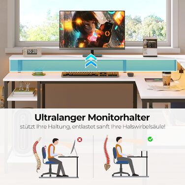 Ігровий стіл Rolanstar L-подібної форми з LED-підсвічуванням та розеткою, 137 x 108 см, комп'ютерний стіл з підставкою для монітора та місцем для зберігання, реверсивний кутовий стіл для офісу, домашнього офісу (Білий)