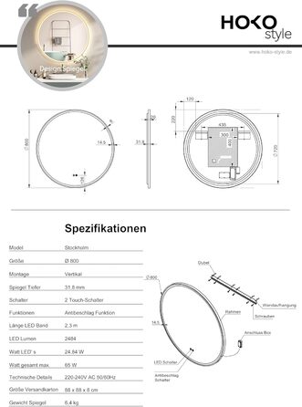 Дзеркало для ванної кімнати HOKO Design Riga діаметром 60 см з металевим каркасом. Кругле настінне дзеркало з енергозберігаючою LED-підсвіткою, сенсорним вимикачем, регулюванням кольору світла (тепле біле, холодне біле, нейтральне) (80x80 см, золото + ант