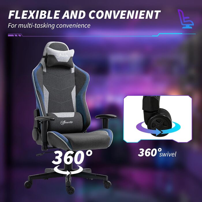 Крісло ігрове Vinsetto Ergonomic з регулюванням висоти, підголівником та поперековою підтримкою, блакитне